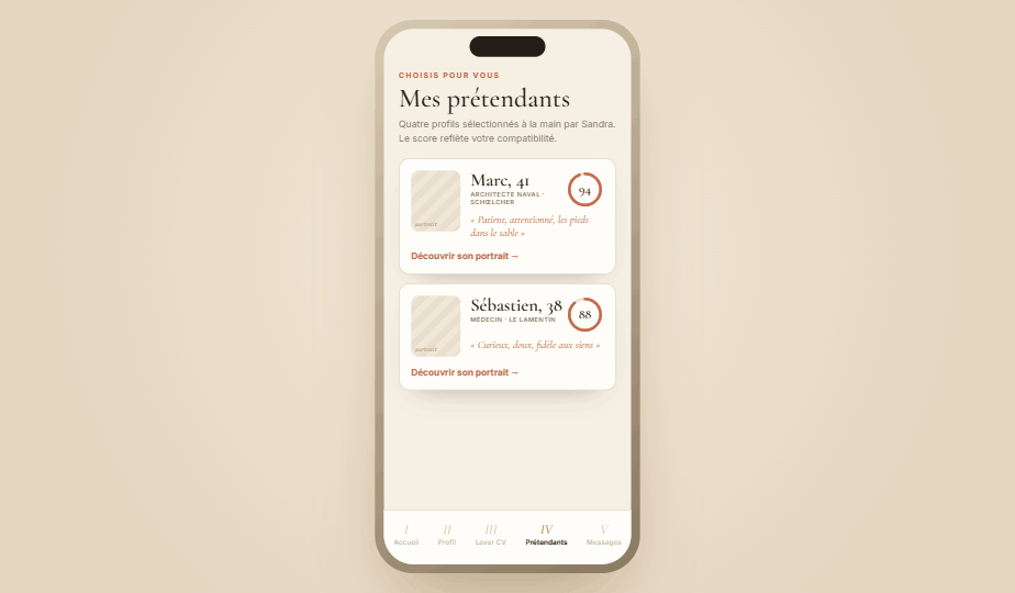 Prétendants sélectionnés avec score d'affinité